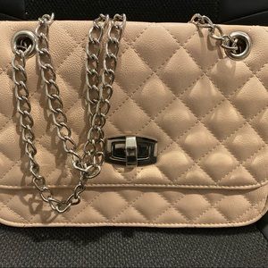 Nude Quilted Evening Bag with Silver Chain Straps